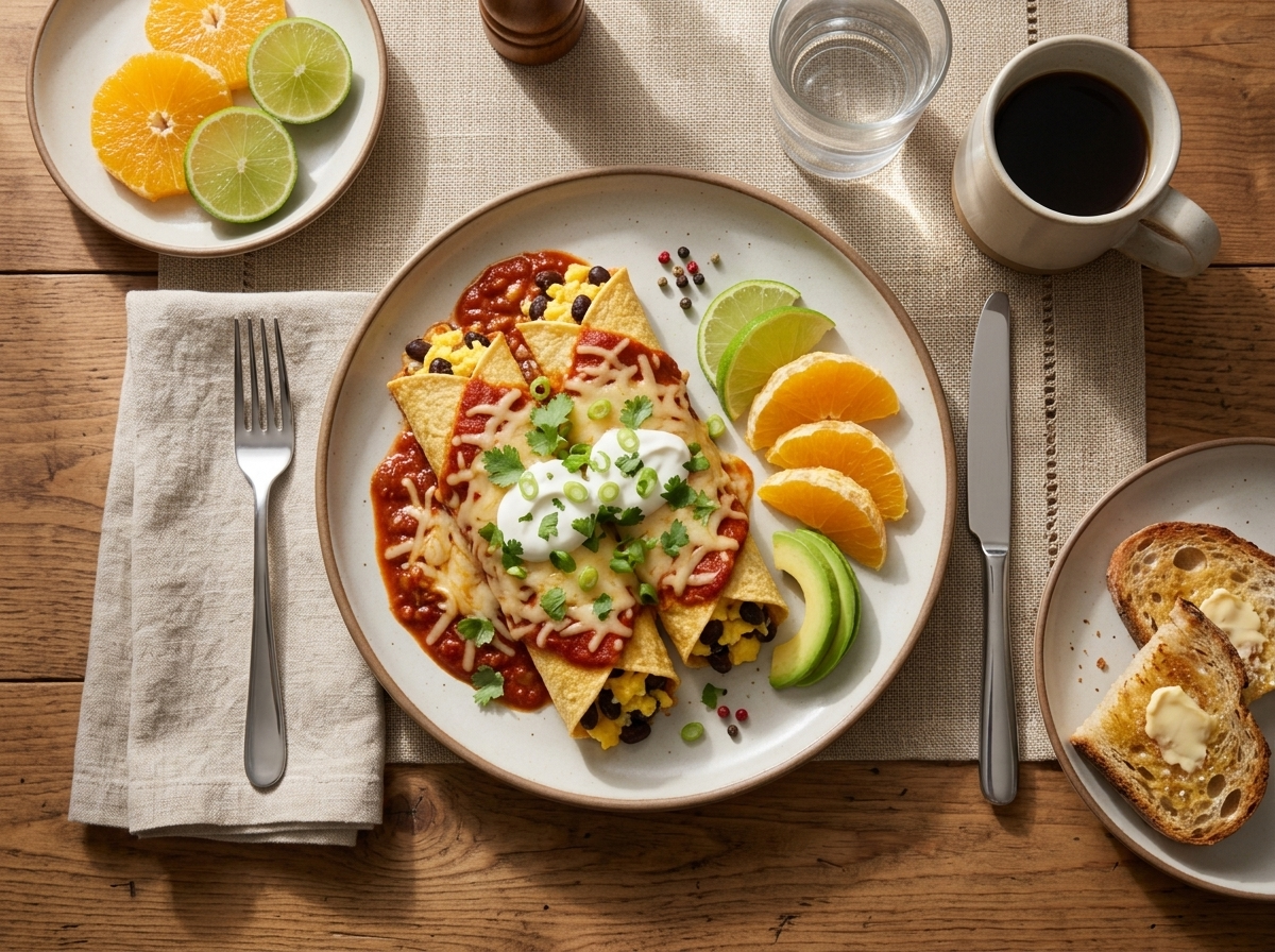 A plate of breakfast enchiladas served at a wooden table with coffee, orange juice, and a folded linen napkin