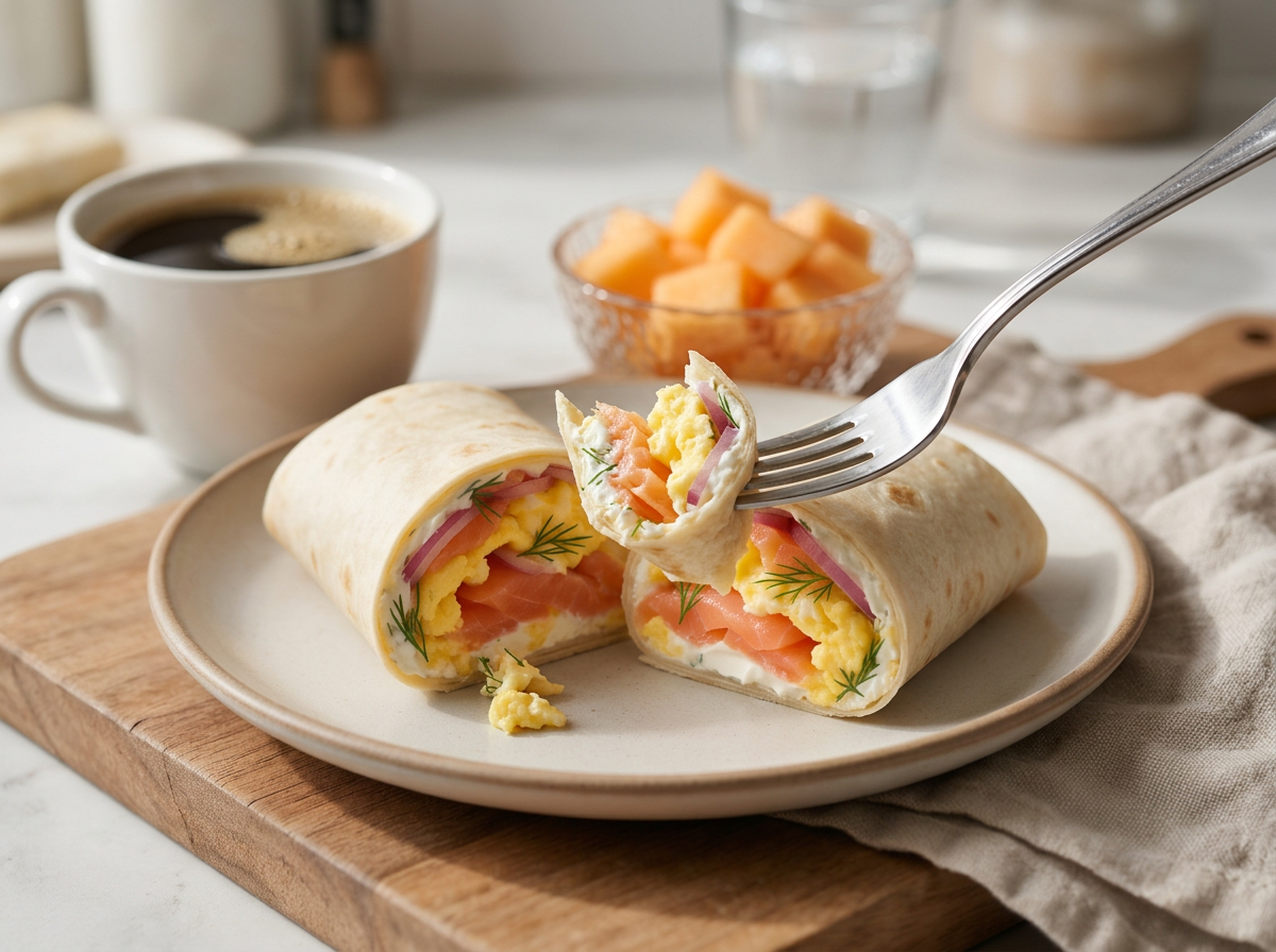 Two halves of a breakfast wrap on a linen napkin next to coffee and sliced cantaloupe on a kitchen table.