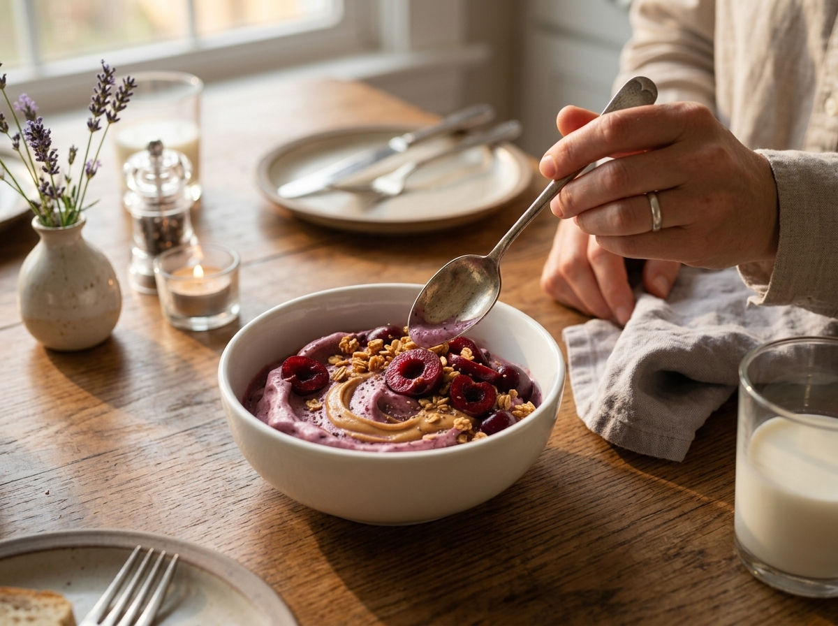 Hands holding a spoon over a finished smoothie bowl at a breakfast table with a linen napkin and glass of milk.