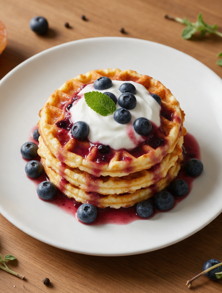 Golden waffle stack on a white plate with a yogurt dollop and warm blueberry-strawberry syrup dripping down the sides.