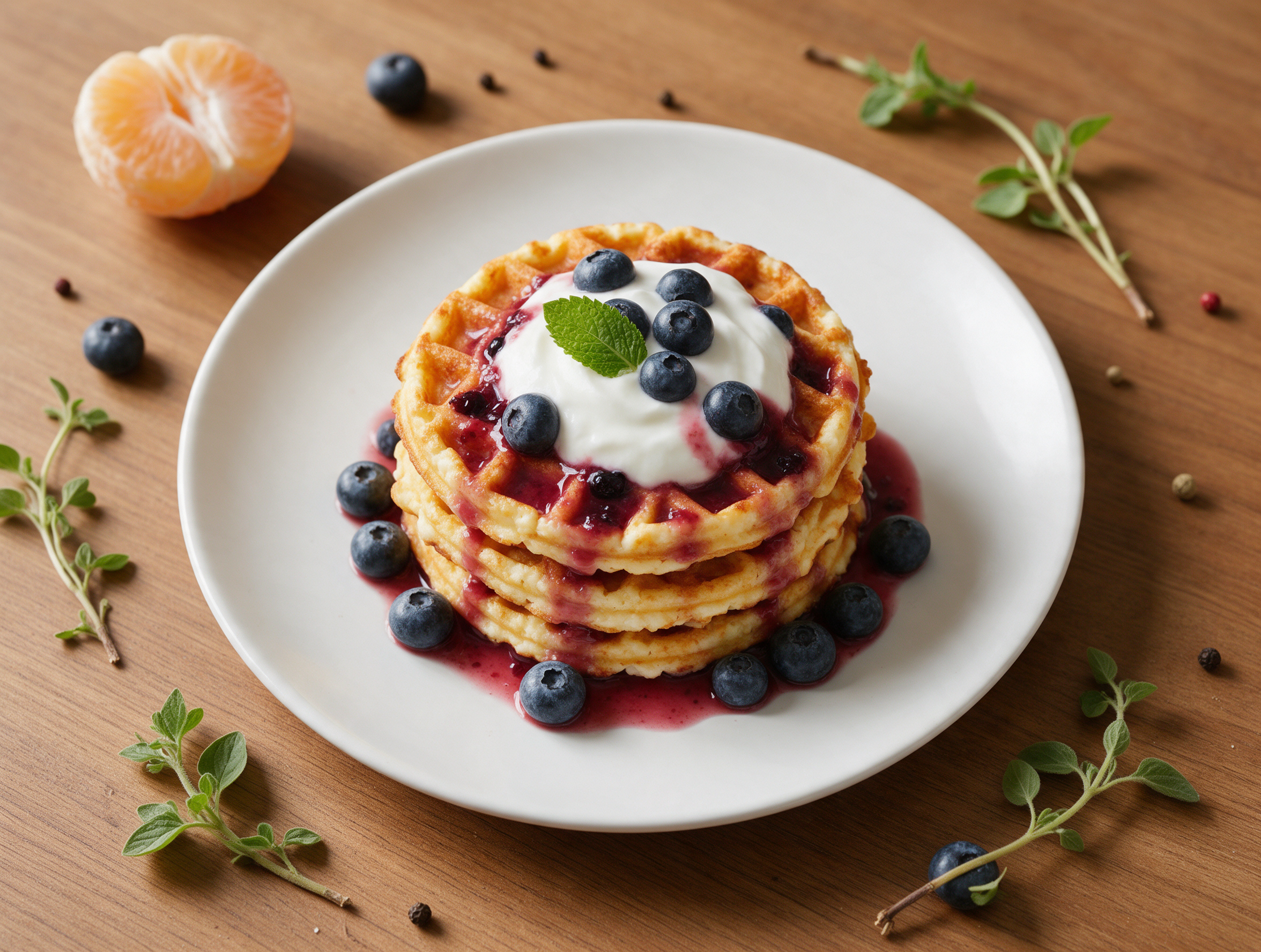 Golden waffle stack on a white plate with a yogurt dollop and warm blueberry-strawberry syrup dripping down the sides.