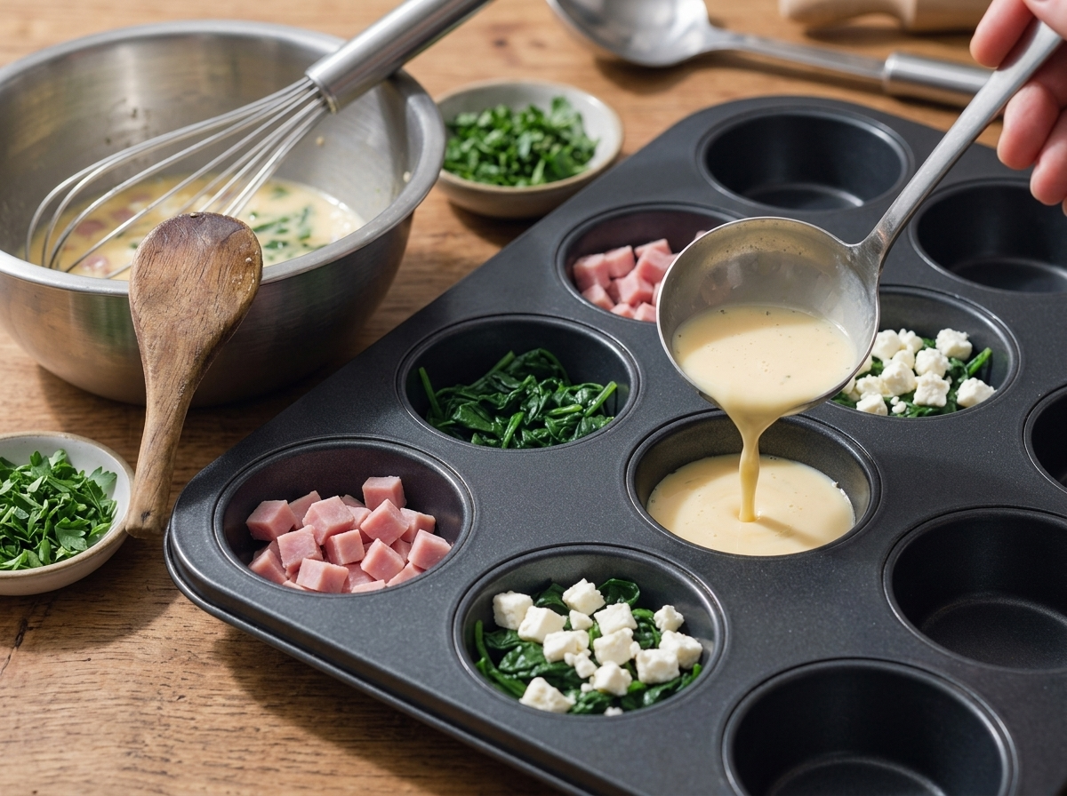 Hands ladling whisked egg mixture into a muffin tin filled with diced ham, wilted spinach and crumbled feta