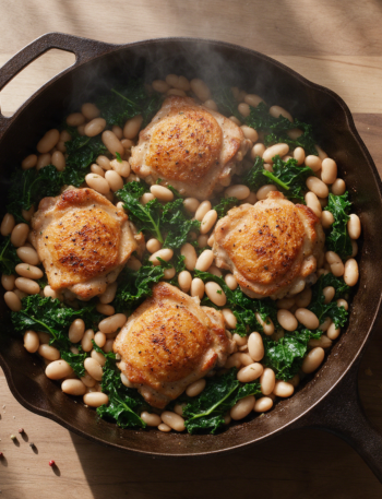 Seared chicken thighs sit skin-up in a bubbling white bean and kale broth inside a dark cast iron skillet on a wood table.