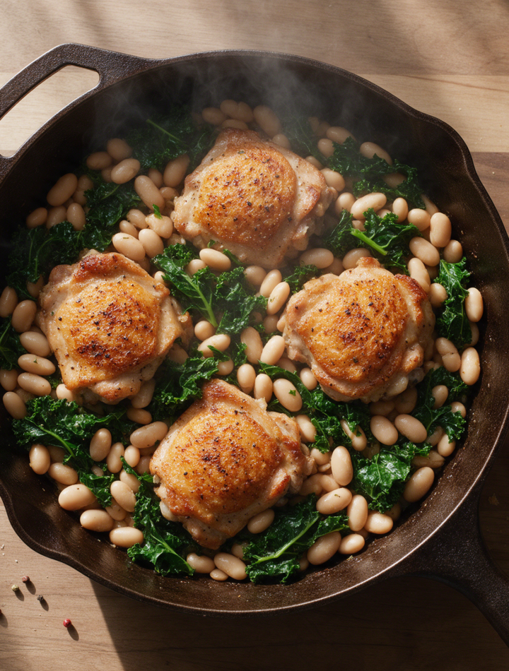 Seared chicken thighs sit skin-up in a bubbling white bean and kale broth inside a dark cast iron skillet on a wood table.