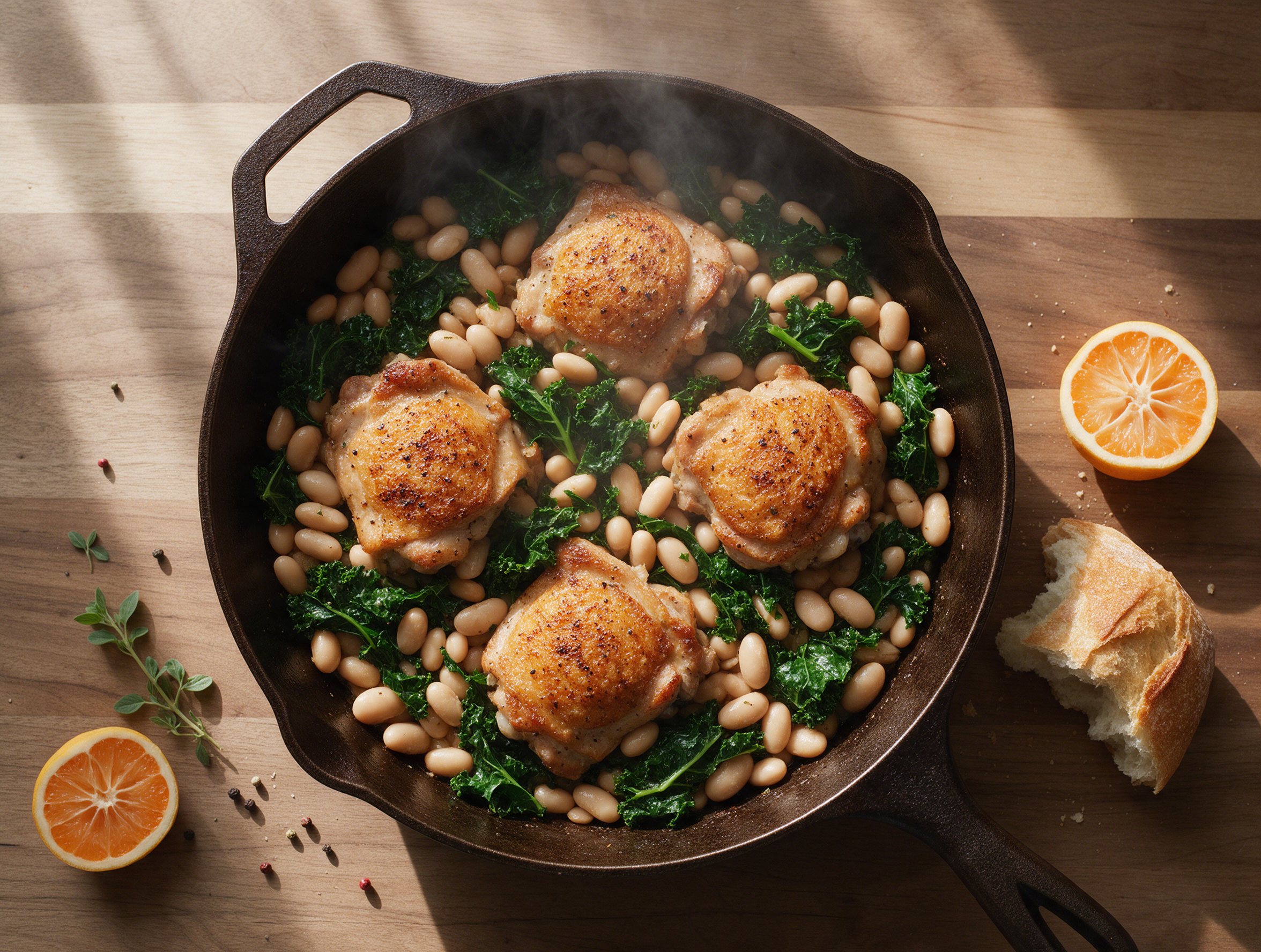 Seared chicken thighs sit skin-up in a bubbling white bean and kale broth inside a dark cast iron skillet on a wood table.
