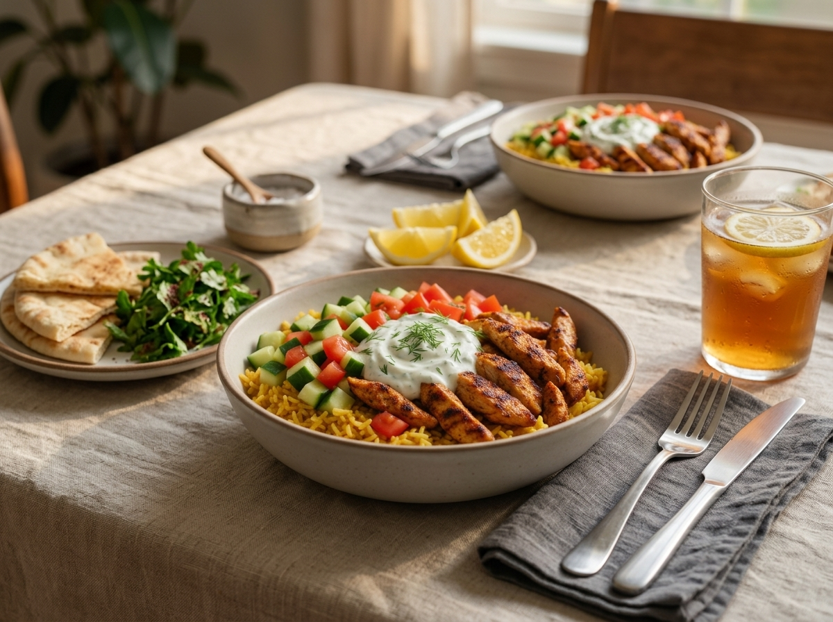 Two shawarma bowls on a linen-topped table with forks, lemon wedges, and iced tea glasses in soft afternoon light.