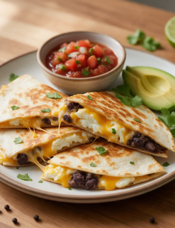Pan-fried egg white quesadilla wedges stacked on a wood board with black beans, melted cheddar, and salsa on the side.
