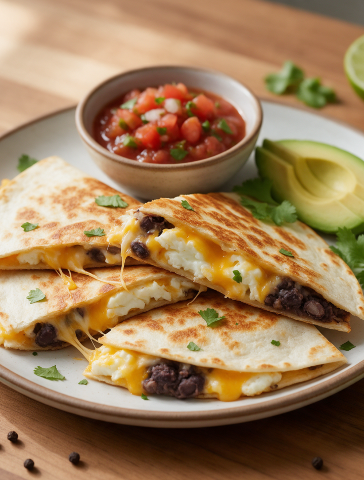 Pan-fried egg white quesadilla wedges stacked on a wood board with black beans, melted cheddar, and salsa on the side.