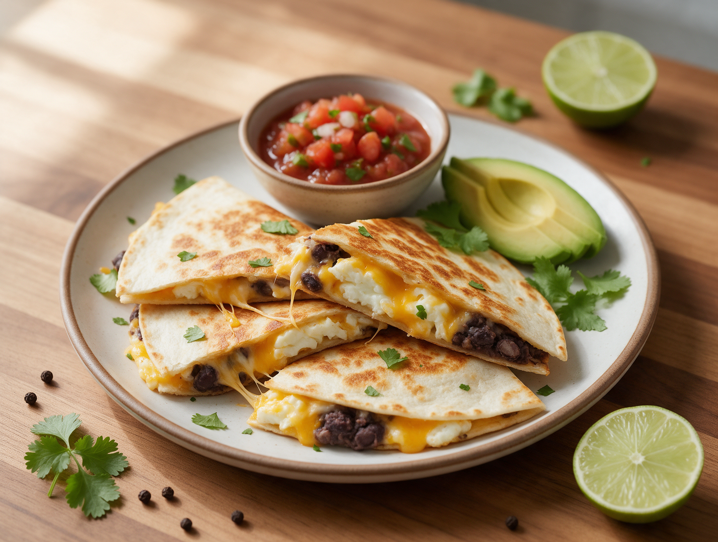 Pan-fried egg white quesadilla wedges stacked on a wood board with black beans, melted cheddar, and salsa on the side.