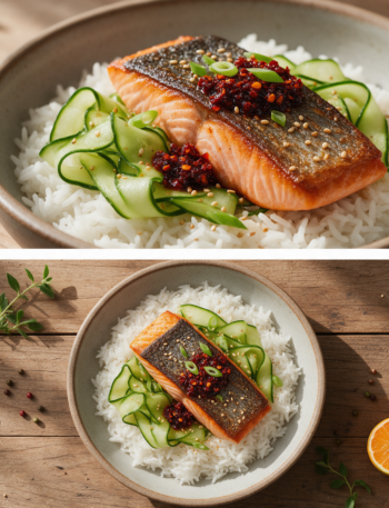 Stoneware bowl of seared salmon over rice with cucumber ribbons and glossy chili crisp, sesame seeds scattered on a wood table