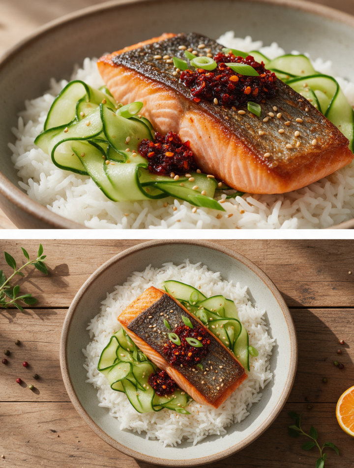 Stoneware bowl of seared salmon over rice with cucumber ribbons and glossy chili crisp, sesame seeds scattered on a wood table