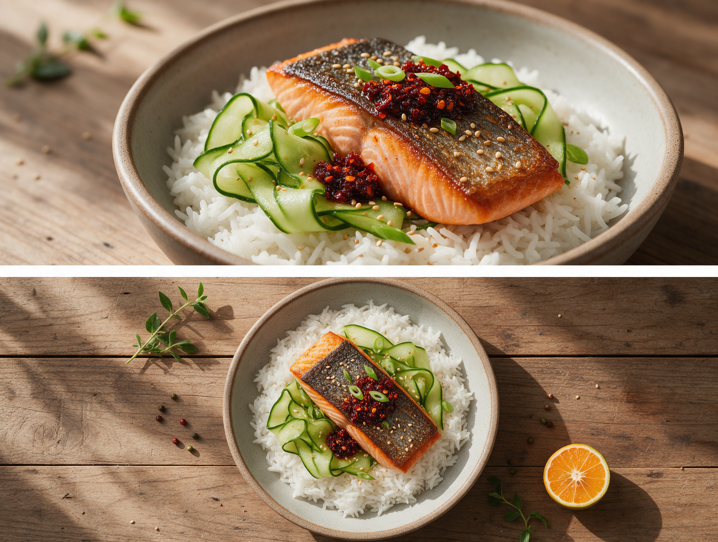 Stoneware bowl of seared salmon over rice with cucumber ribbons and glossy chili crisp, sesame seeds scattered on a wood table