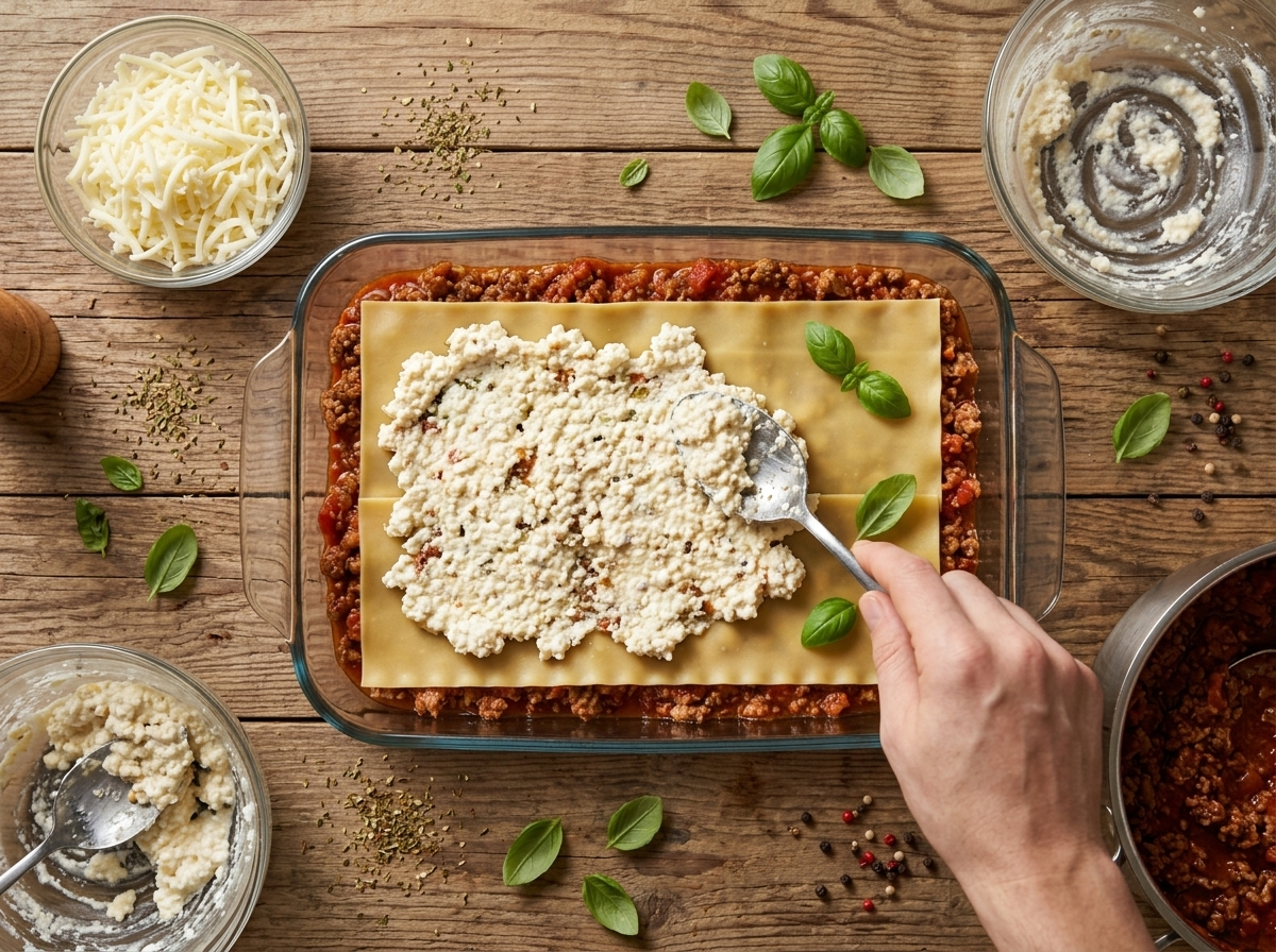Overhead shot of hands layering boiled noodles and cottage cheese filling into a glass 9x13 baking dish before the final bake.