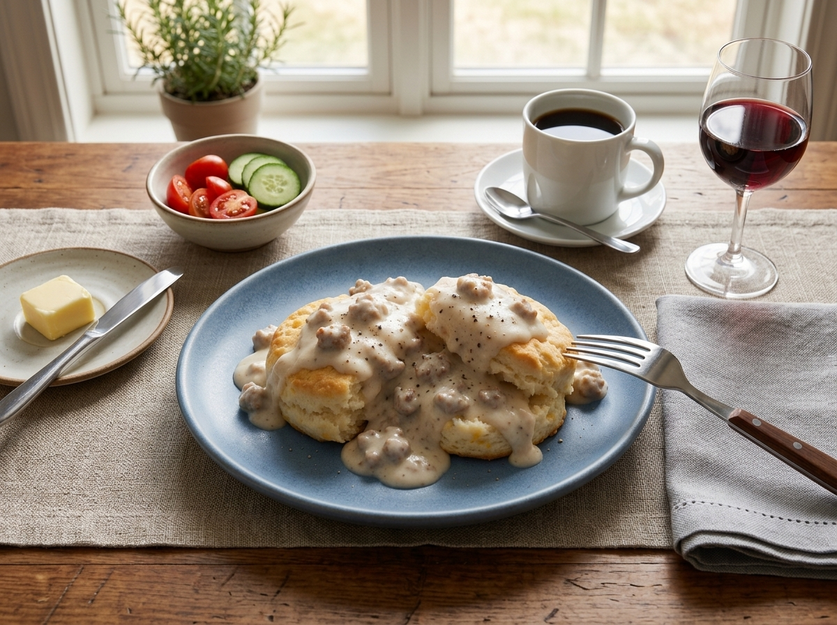 A breakfast table set with biscuits and gravy, a mug of coffee, and a linen napkin in warm morning light