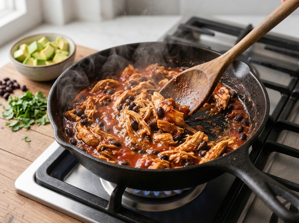 Wooden spoon stirring black beans and red enchilada sauce into seared chicken pieces in a cast-iron skillet.