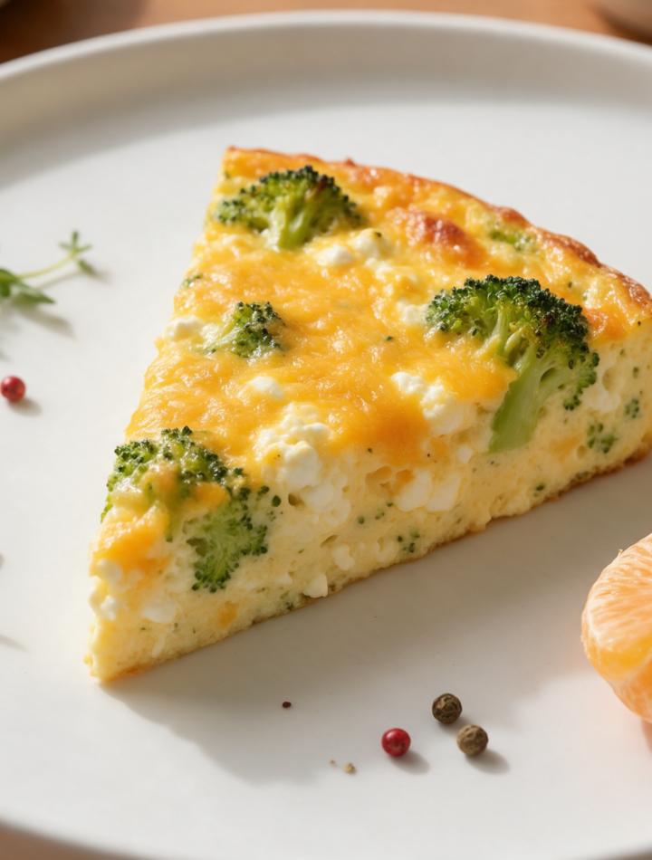 Sliced crustless broccoli cheddar quiche wedge on a white plate showing melted cheddar top and broccoli flecked custard