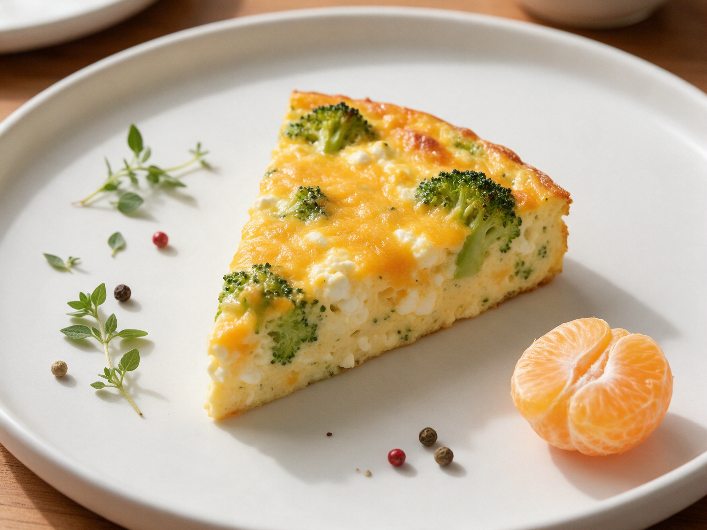 Sliced crustless broccoli cheddar quiche wedge on a white plate showing melted cheddar top and broccoli flecked custard