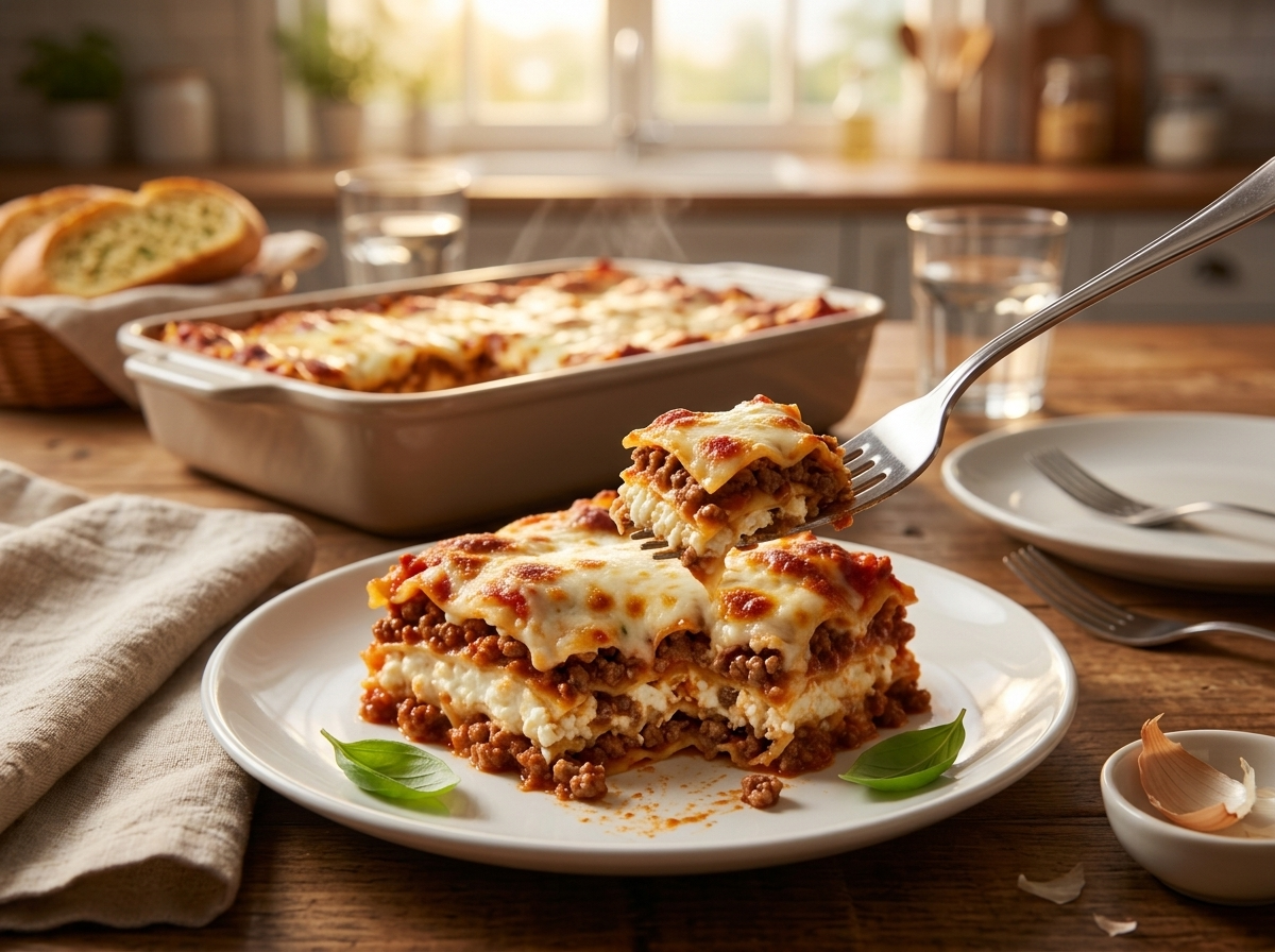 Family dinner table scene with a fork resting on a plate of lasagna, garlic bread and a glass of red wine nearby.