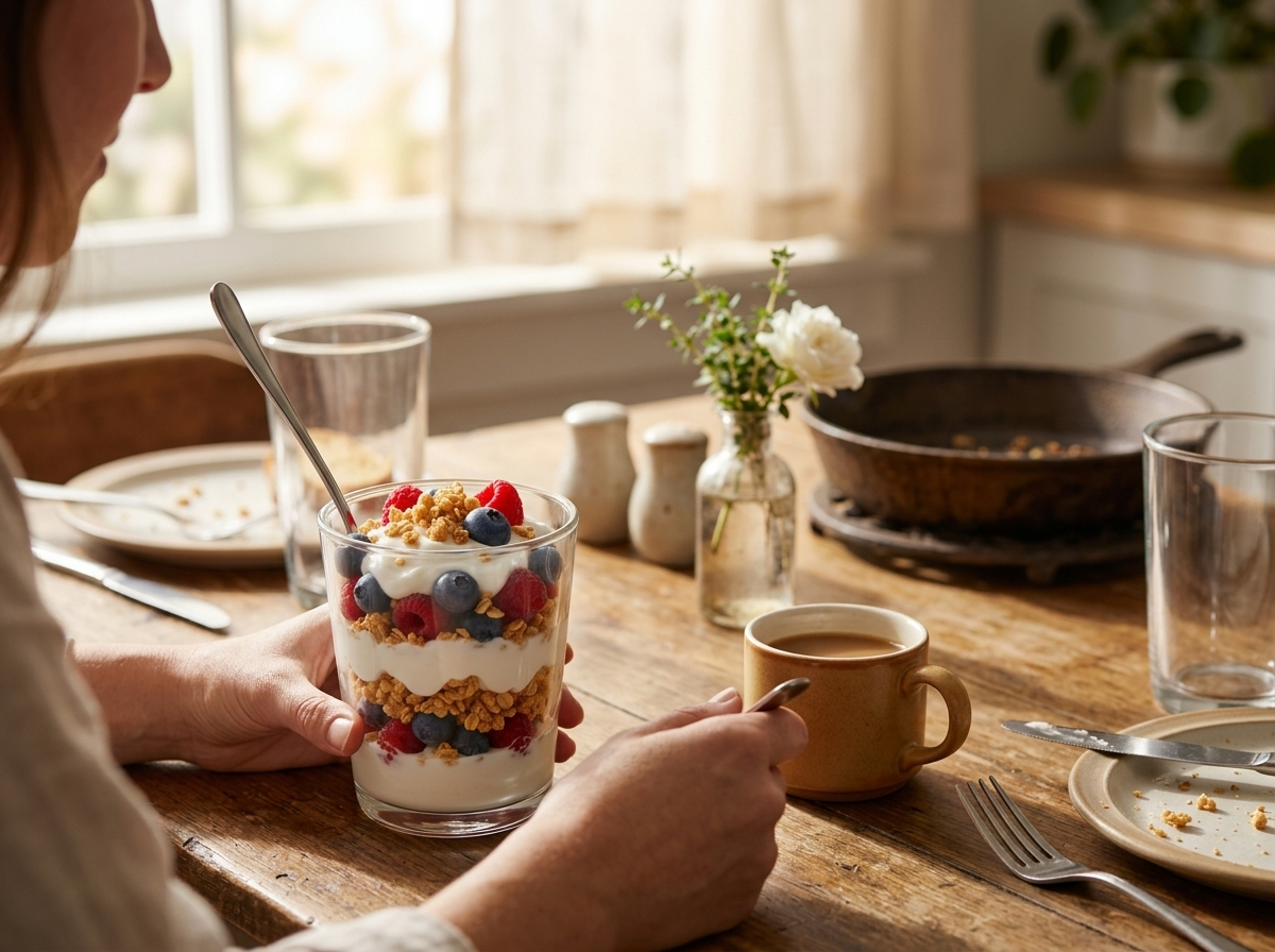 Woman's hands holding a yogurt parfait glass at a sunlit breakfast table beside a coffee mug and cast iron pan