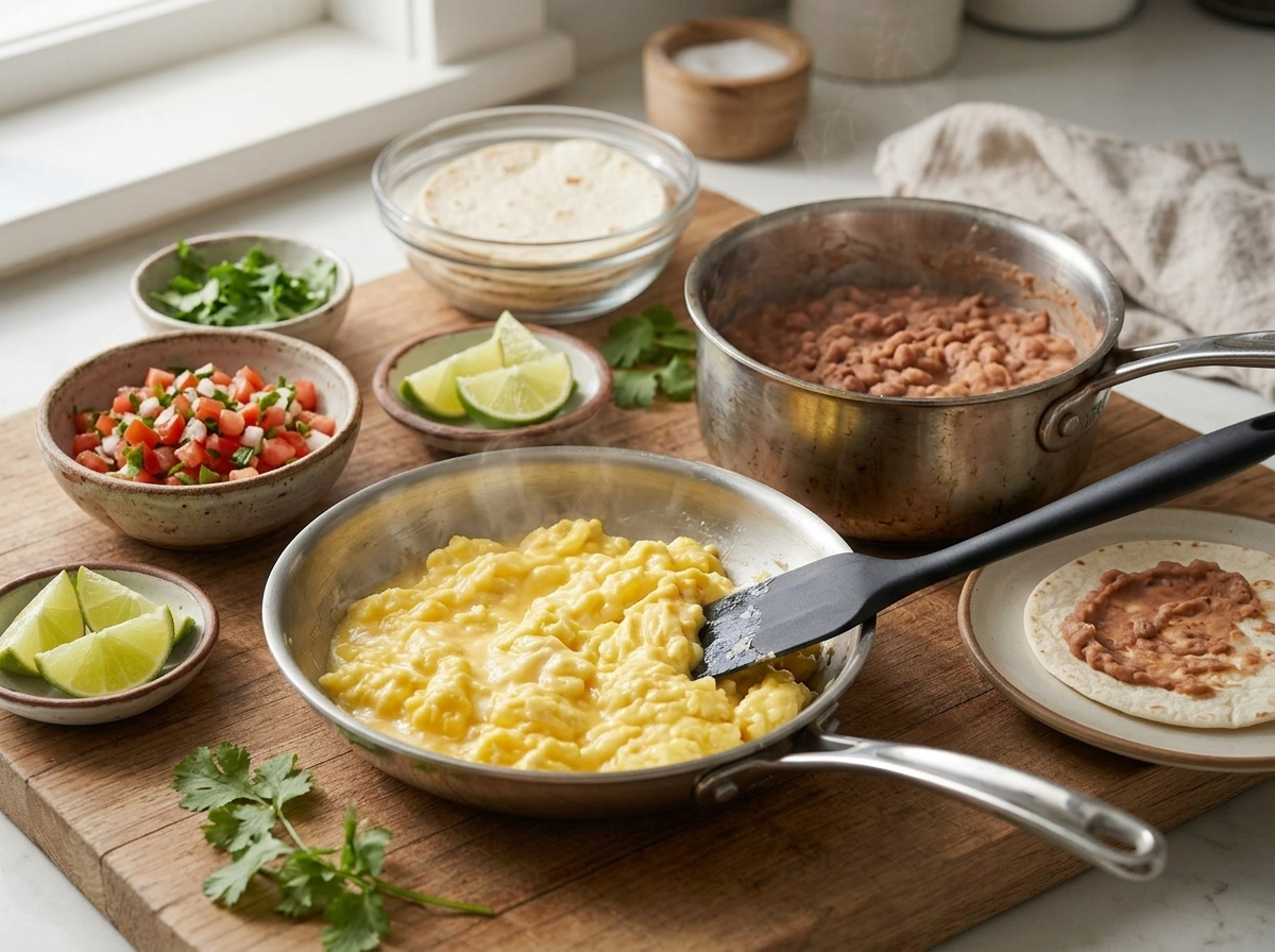 Glossy scrambled eggs being stirred in a nonstick skillet next to a saucepan of warmed refried beans on the stovetop.