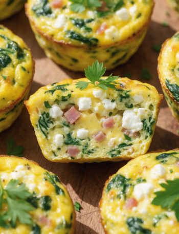 Baked egg cups with spinach and feta on a wooden board, one cup sliced open showing ham and cheese inside