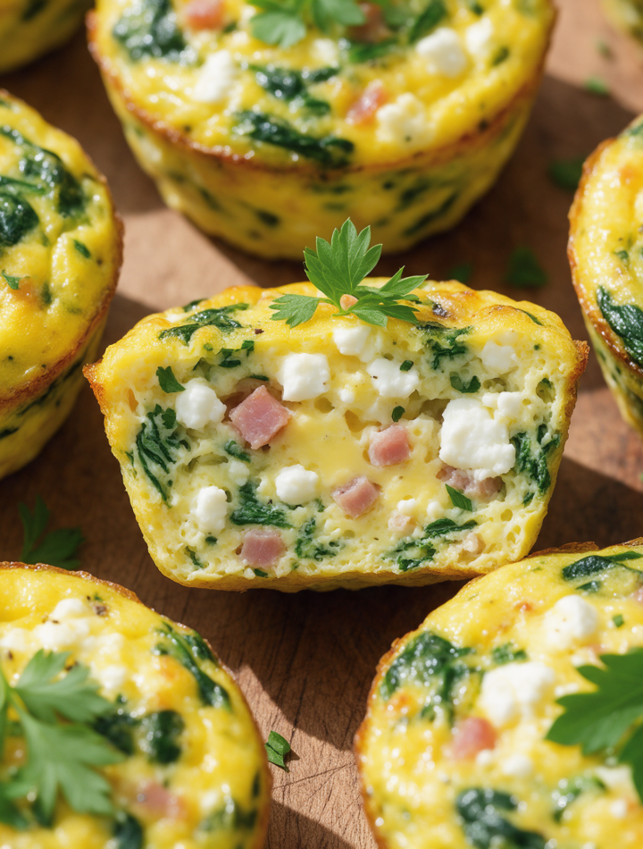 Baked egg cups with spinach and feta on a wooden board, one cup sliced open showing ham and cheese inside