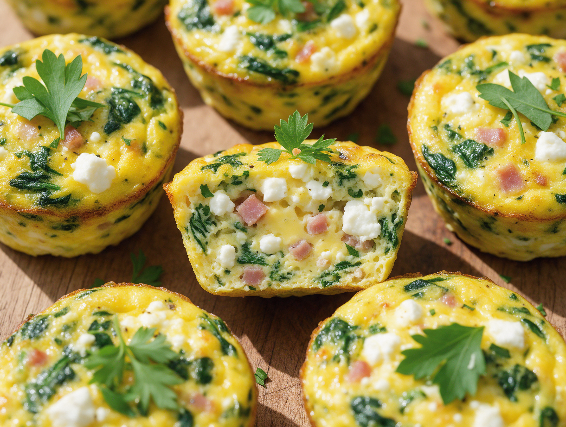 Baked egg cups with spinach and feta on a wooden board, one cup sliced open showing ham and cheese inside