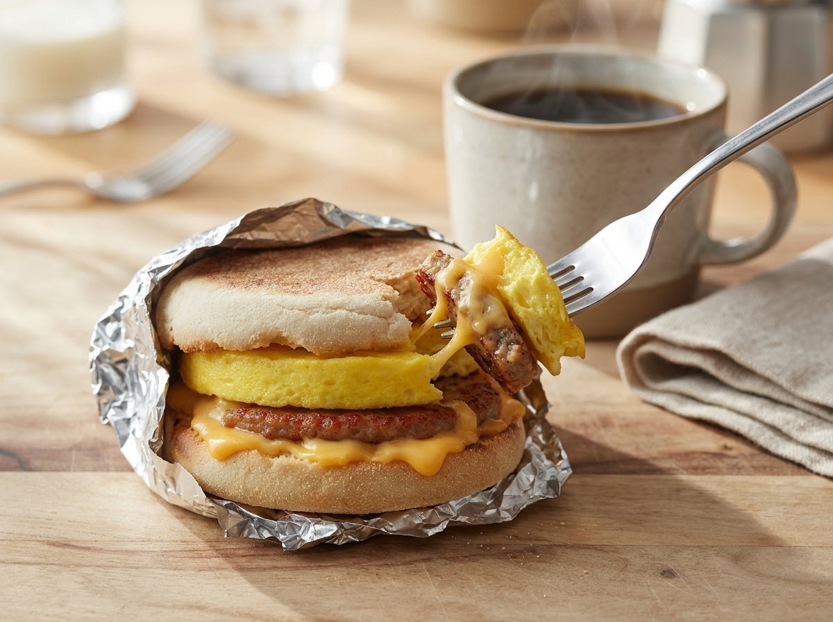 A foil-wrapped breakfast sandwich rests beside a coffee mug on a sunlit kitchen counter with a folded linen napkin