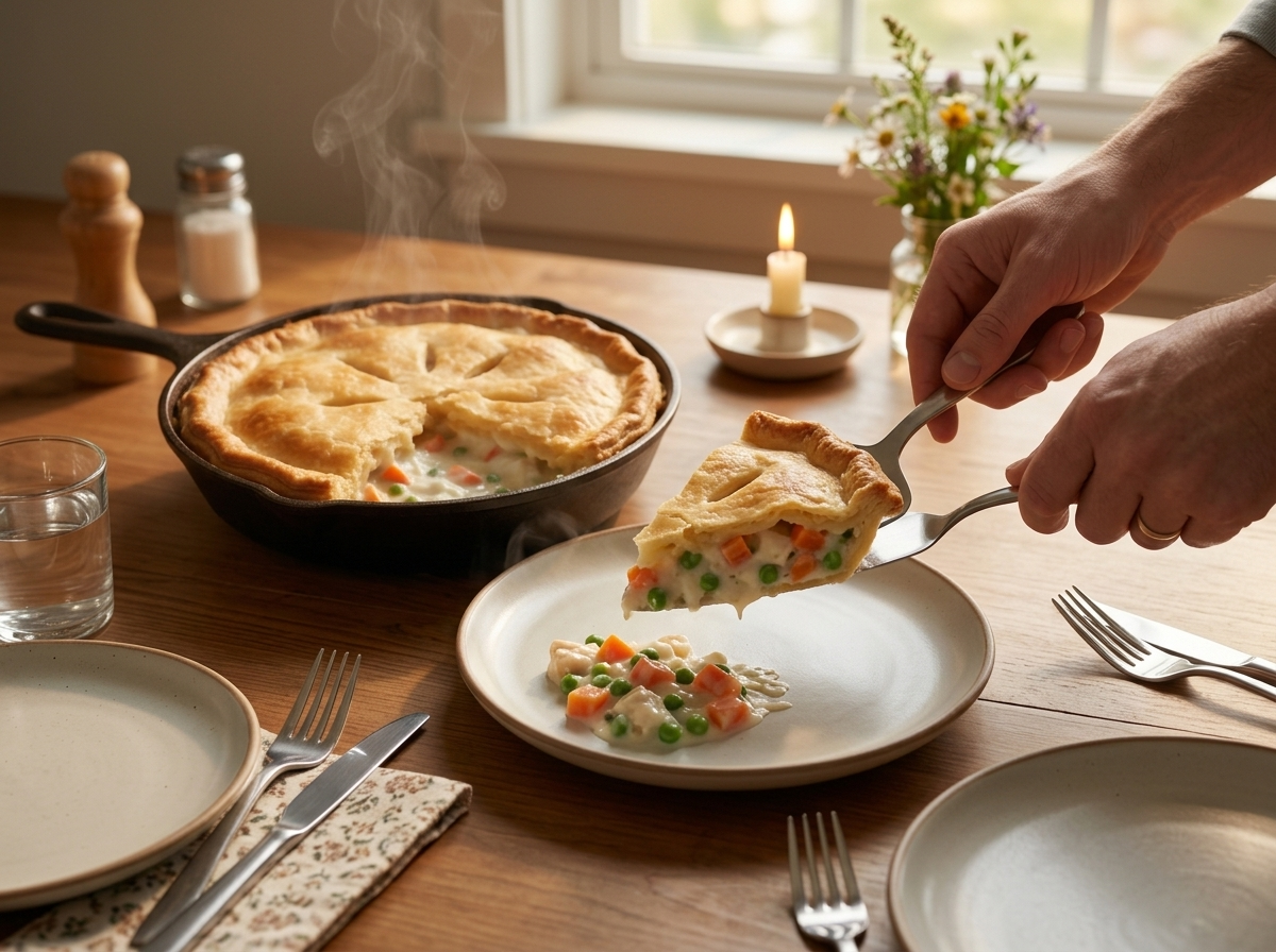 A wedge of chicken pot pie being lifted onto a plate at a set table with a glass of milk and cloth napkin nearby.