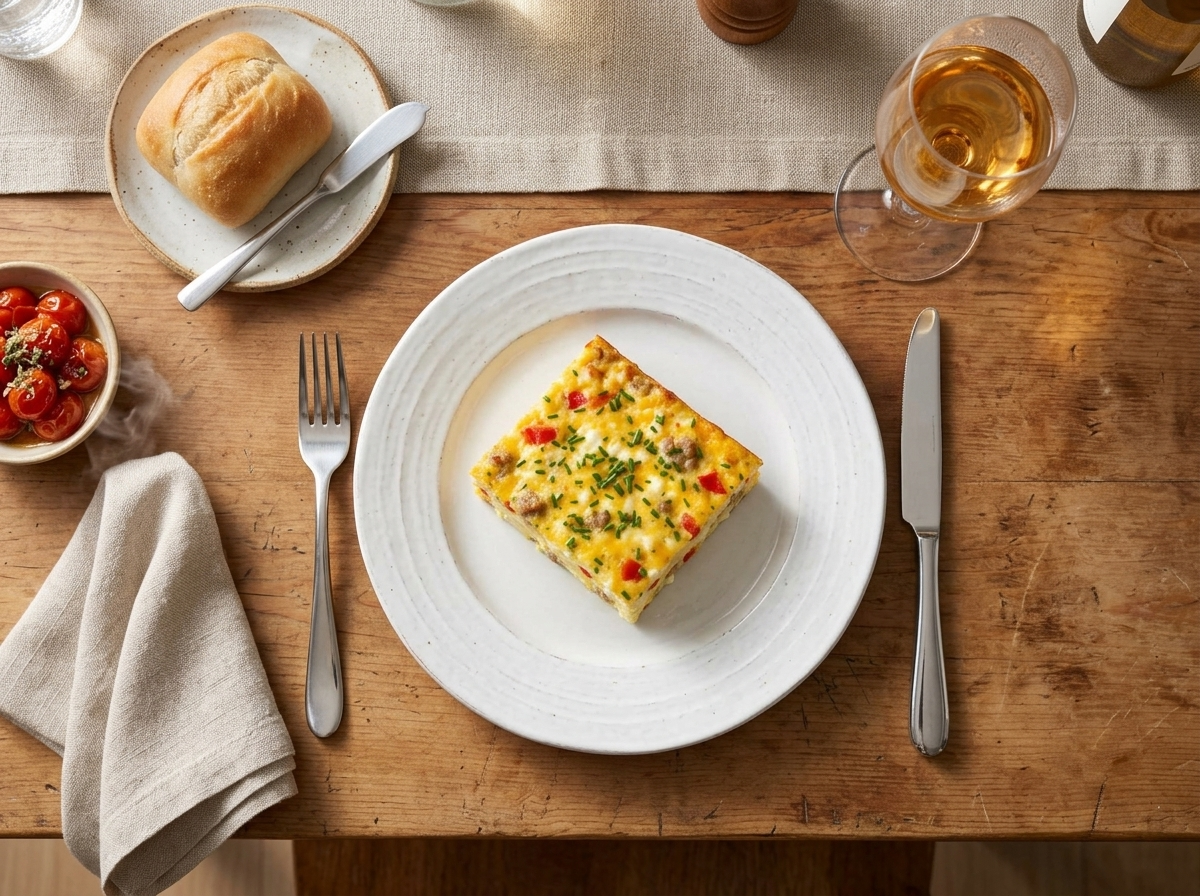 Breakfast table setting with a plated egg bake square, linen napkin, and steaming coffee mug in morning light