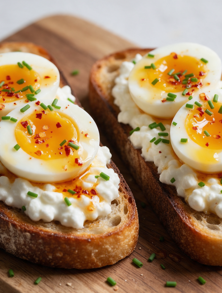 Overhead view of sourdough toast topped with cottage cheese, jammy egg halves, and hot honey drizzle on a wood board.