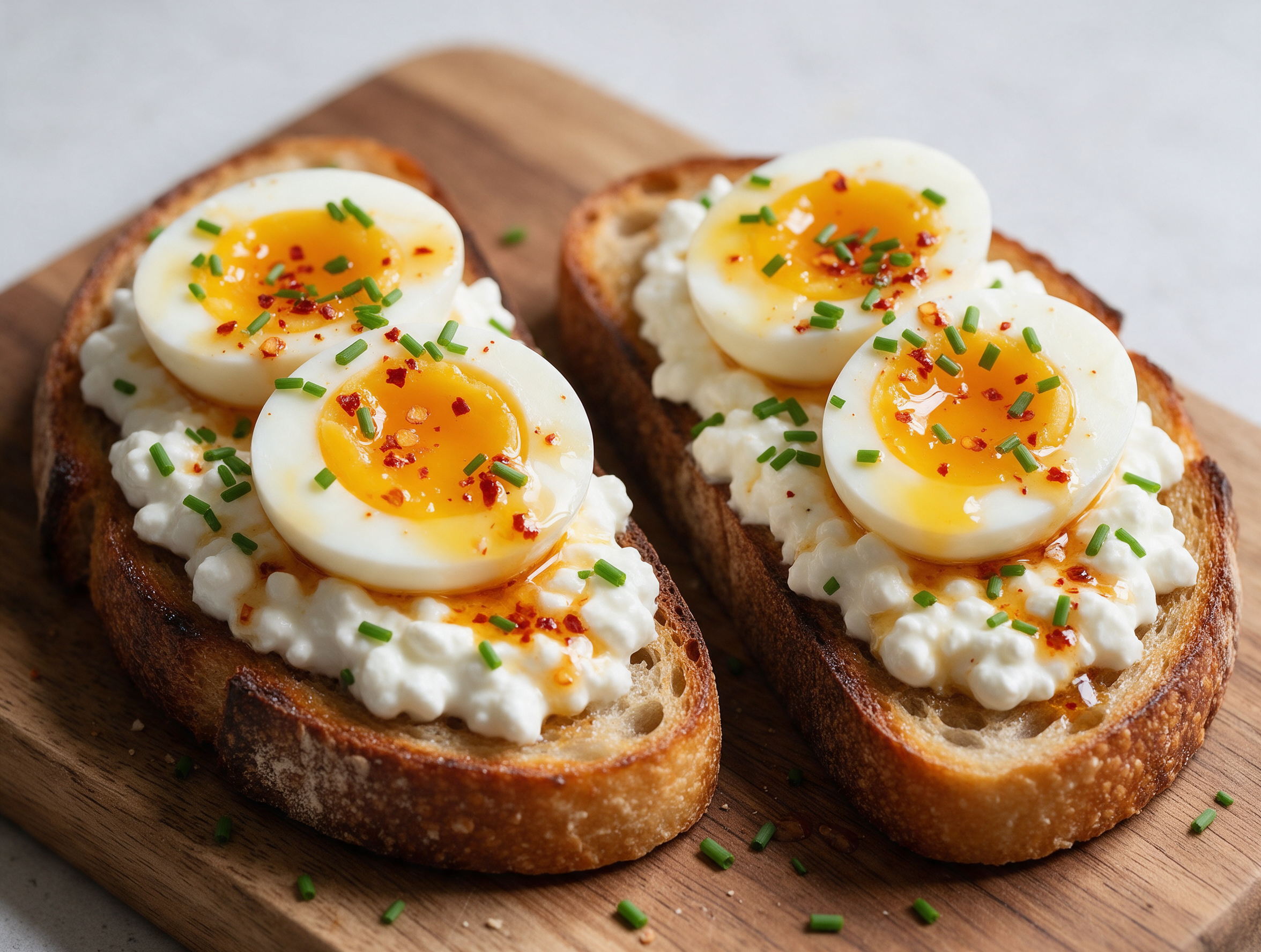 Overhead view of sourdough toast topped with cottage cheese, jammy egg halves, and hot honey drizzle on a wood board.