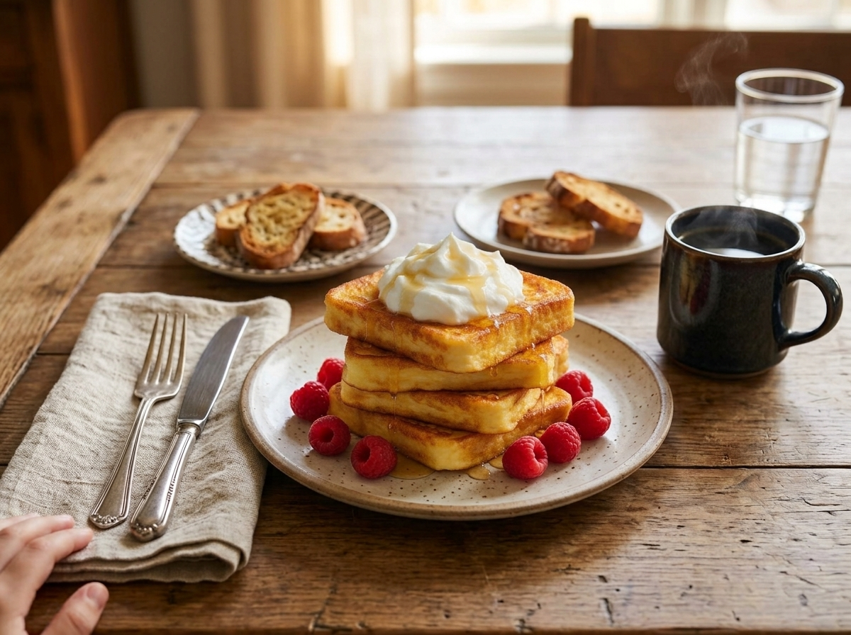 Kids' hands reach for syrup-drizzled French toast at a breakfast table with coffee mugs and cloth napkins.