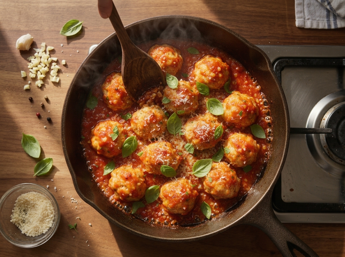 Wooden spoon nestling golden baked chicken meatballs into a simmering skillet of garlicky crushed tomato sauce