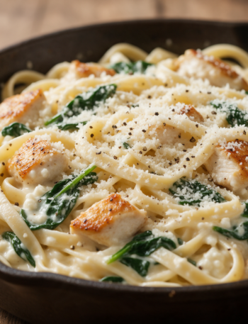 Overhead view of a cast-iron skillet filled with creamy pasta, seared chicken cubes, and wilted spinach ribbons.