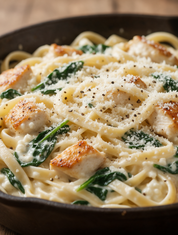 Overhead view of a cast-iron skillet filled with creamy pasta, seared chicken cubes, and wilted spinach ribbons.