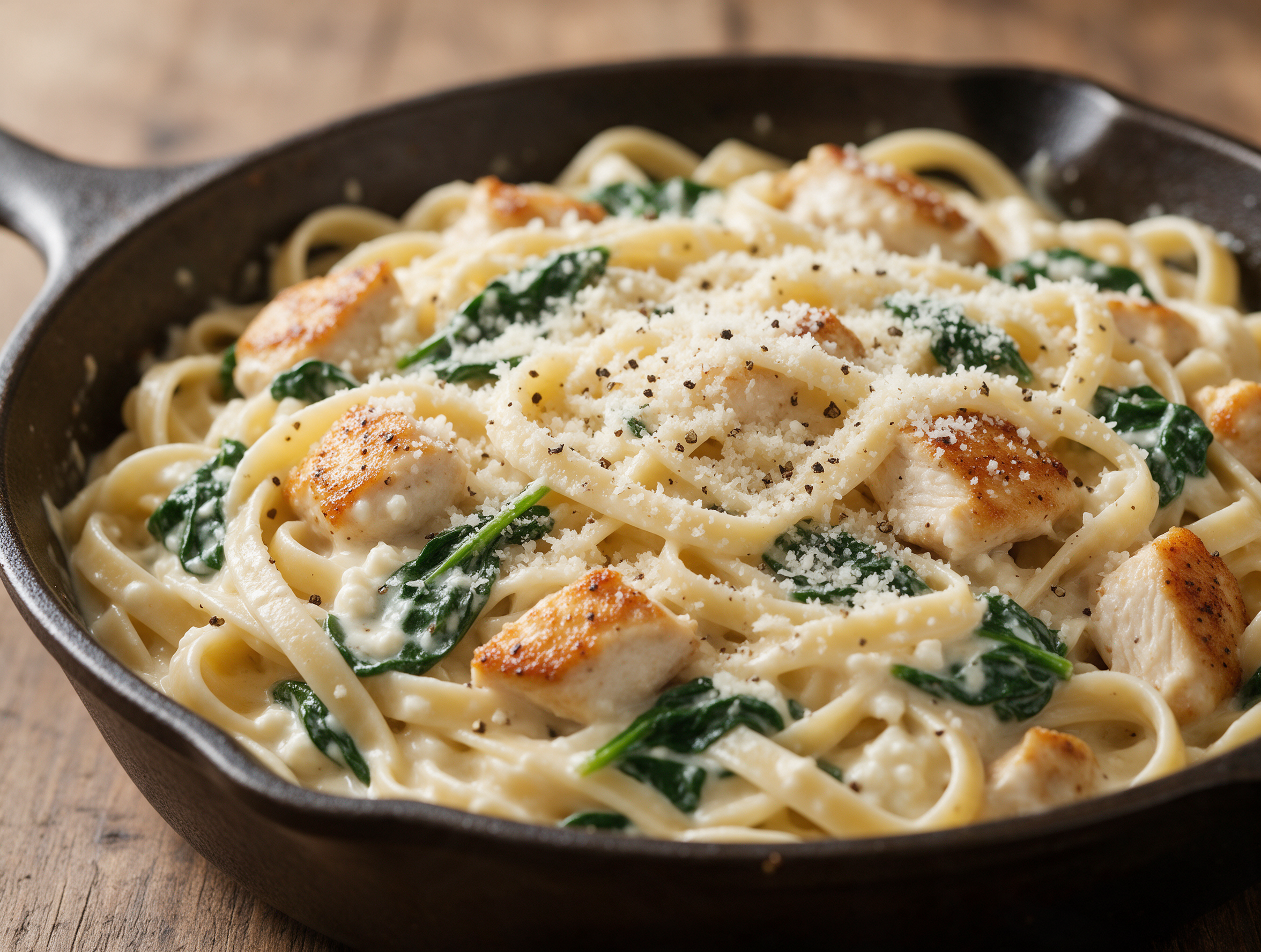 Overhead view of a cast-iron skillet filled with creamy pasta, seared chicken cubes, and wilted spinach ribbons.