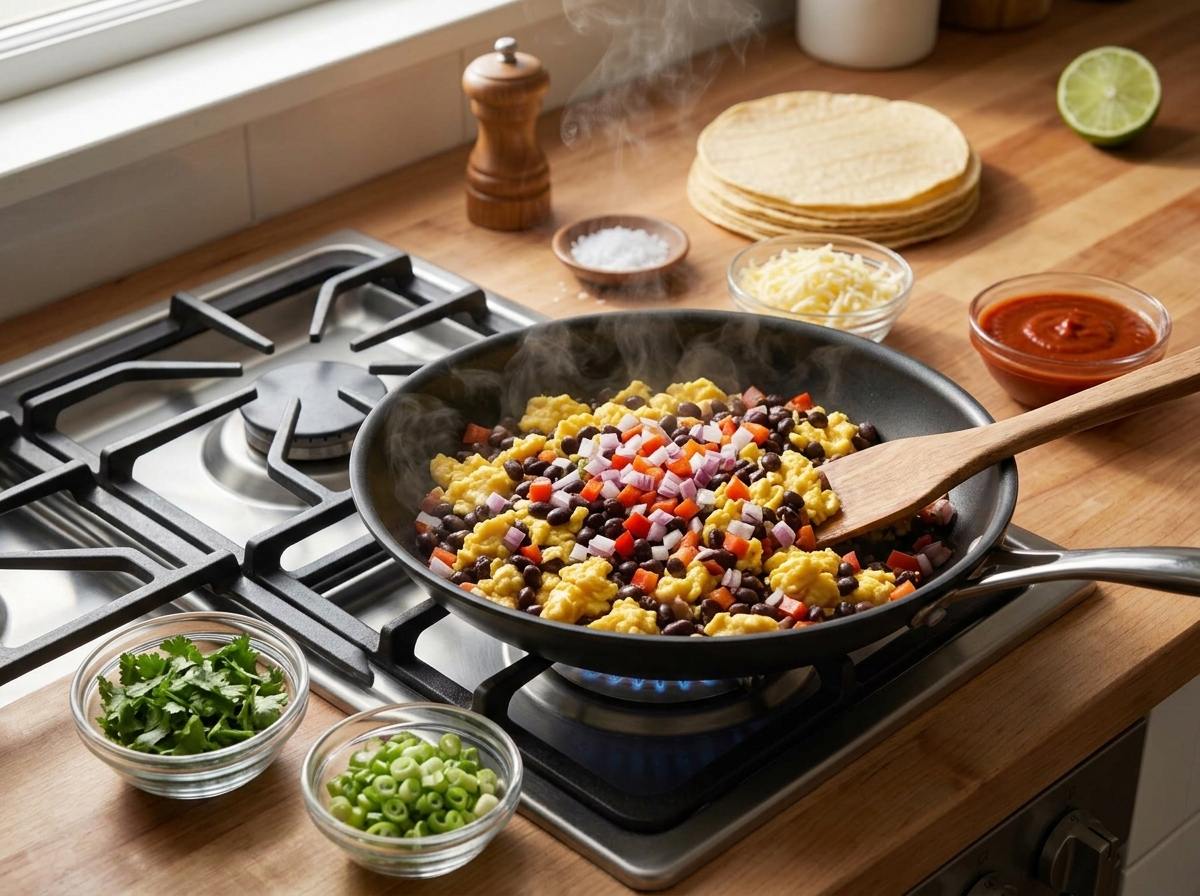 Scrambled eggs, onion, bell pepper, and black beans being folded together in a nonstick skillet on the stovetop