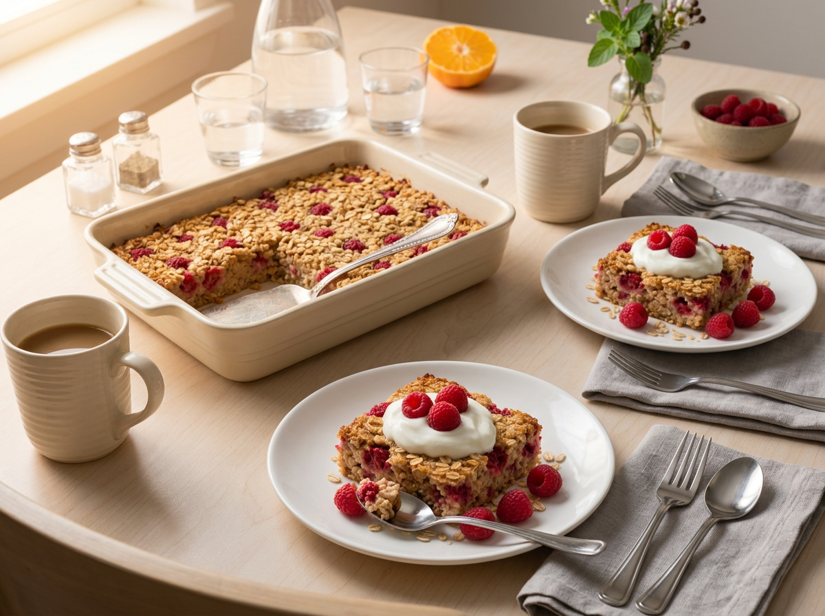 A mom cutting warm baked oatmeal squares at a kitchen table with coffee mugs and a bowl of raspberries nearby