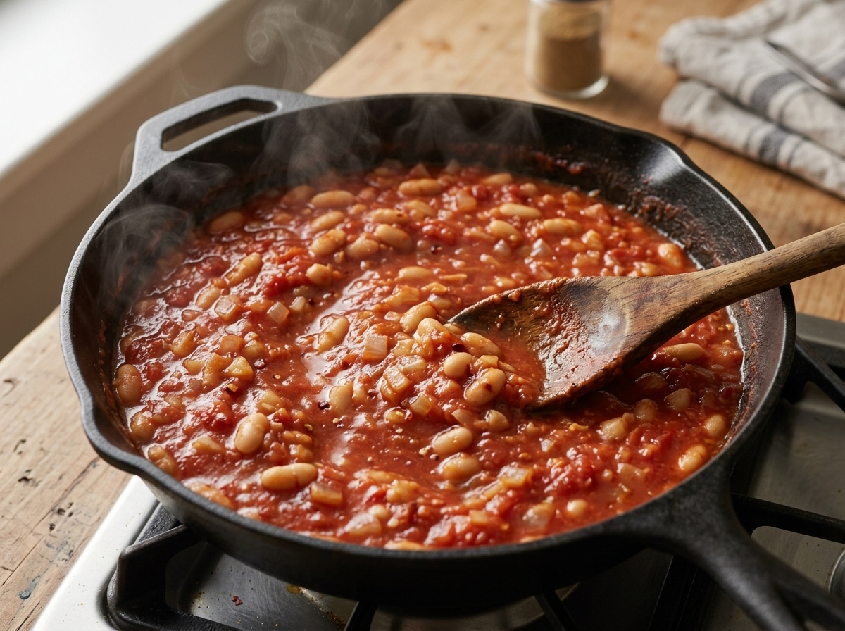 Wooden spoon stirring a simmering tomato and white bean sauce in a skillet, steam rising before the eggs go in.