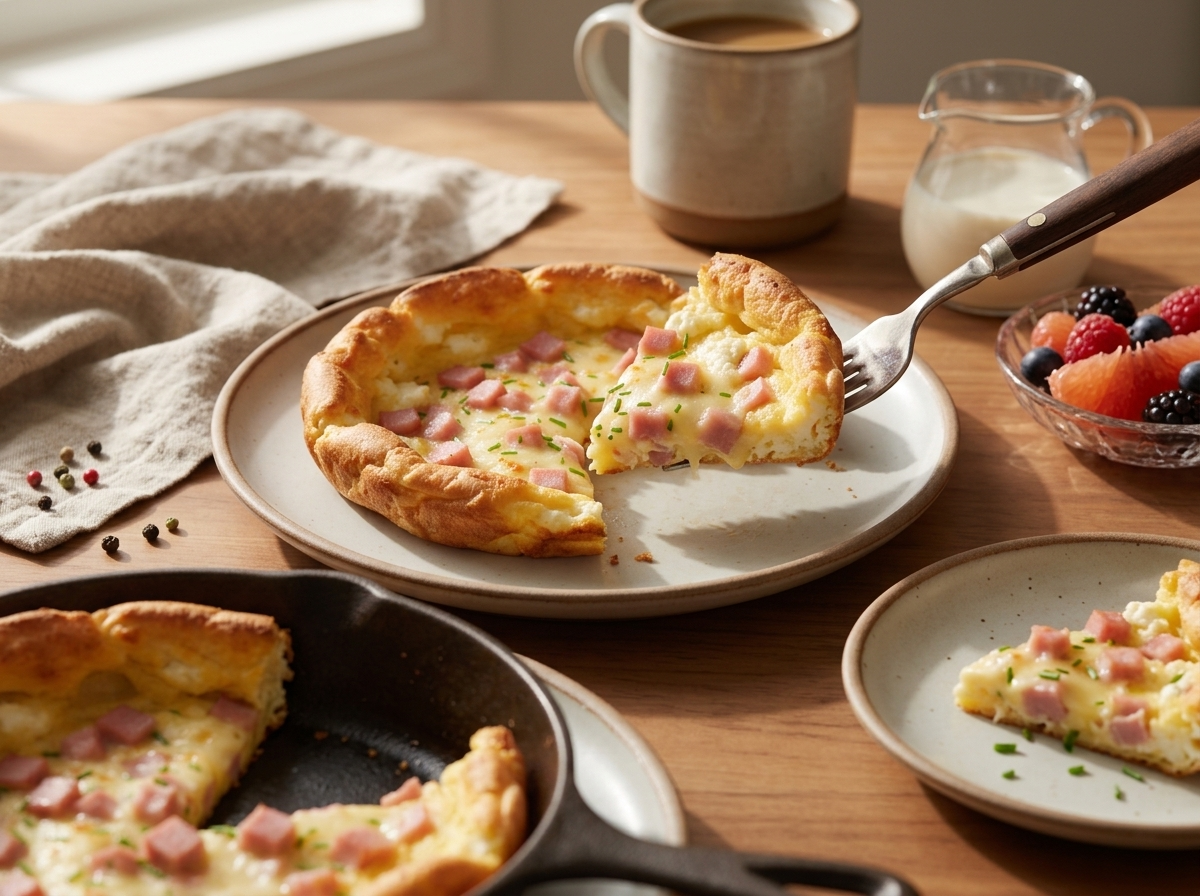 A hand lifts a wedge of ham and Gruyere Dutch baby onto a plate beside coffee and a linen napkin.