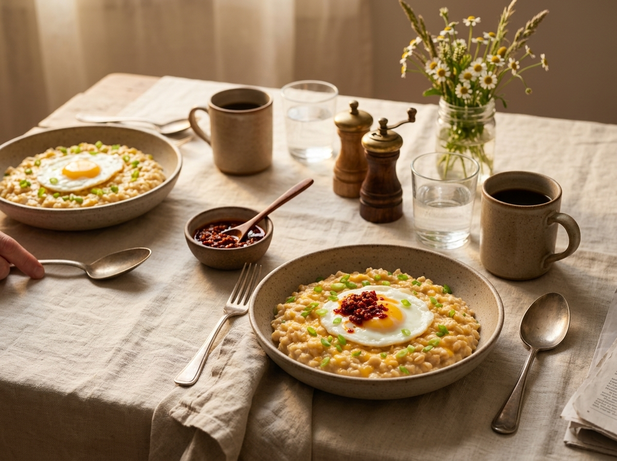 Two bowls of savory oats set on a linen napkin with coffee mugs and a small jar of chili crisp nearby