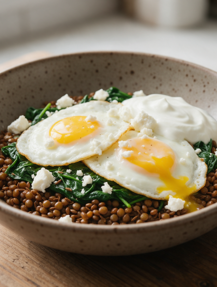 Overhead view of cumin-spiced lentils topped with two fried eggs, feta, and yogurt in a ceramic bowl on a wood table.