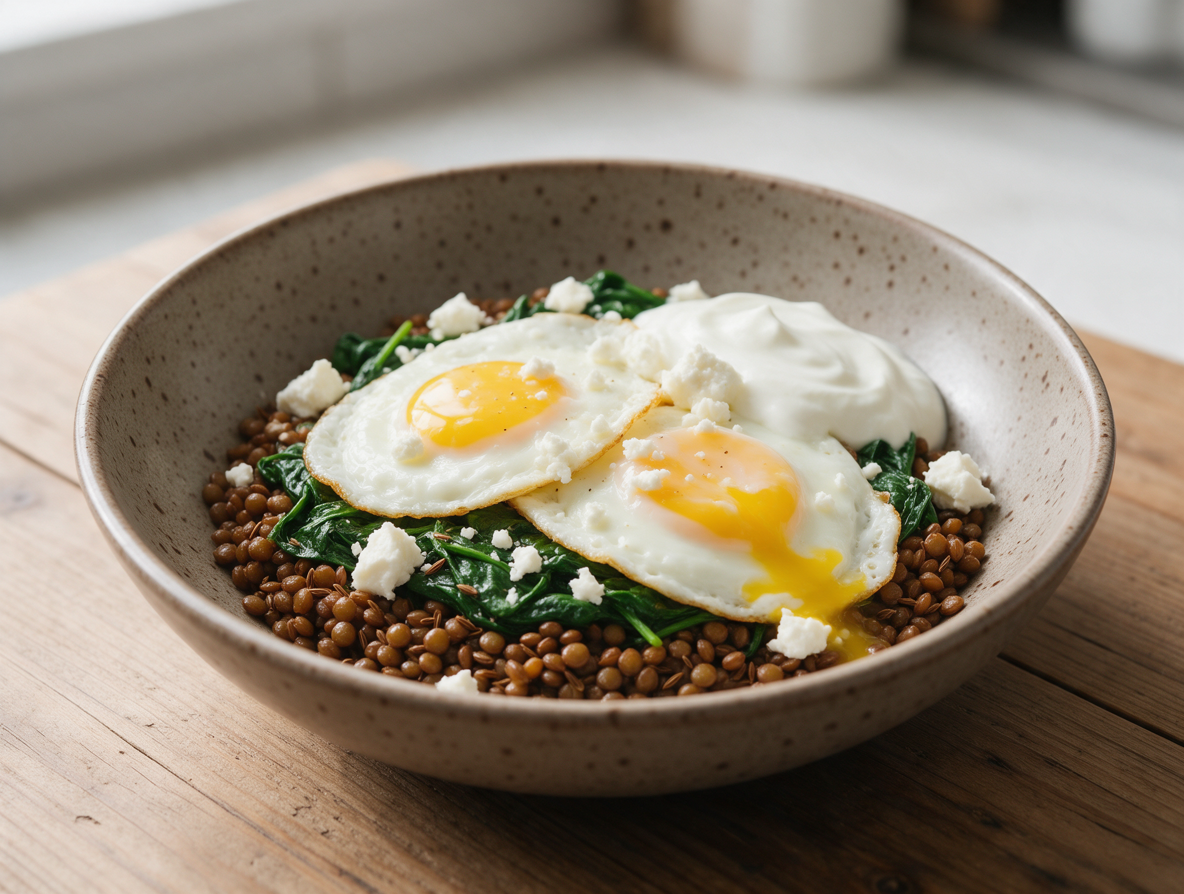 Overhead view of cumin-spiced lentils topped with two fried eggs, feta, and yogurt in a ceramic bowl on a wood table.