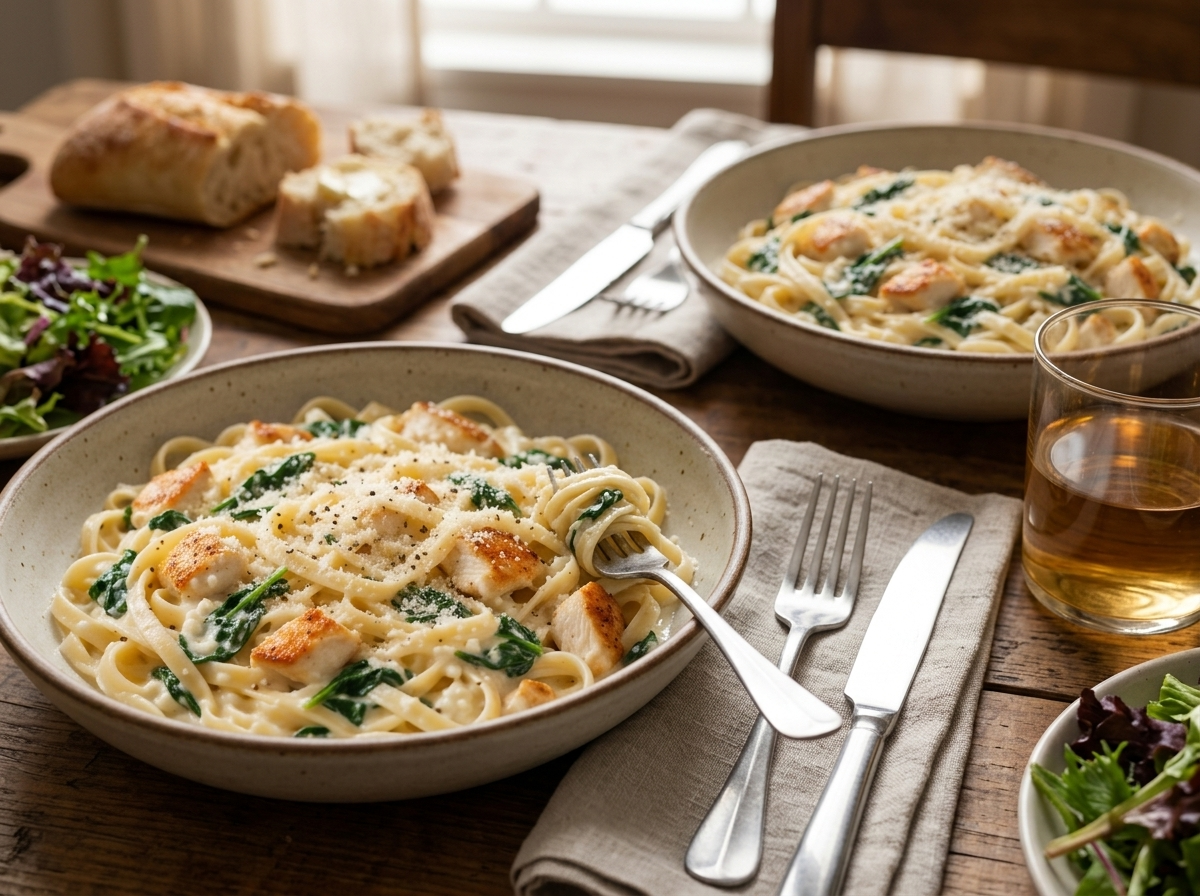 Two bowls of saucy chicken pasta on a linen napkin with forks twirling noodles beside a glass of white wine.