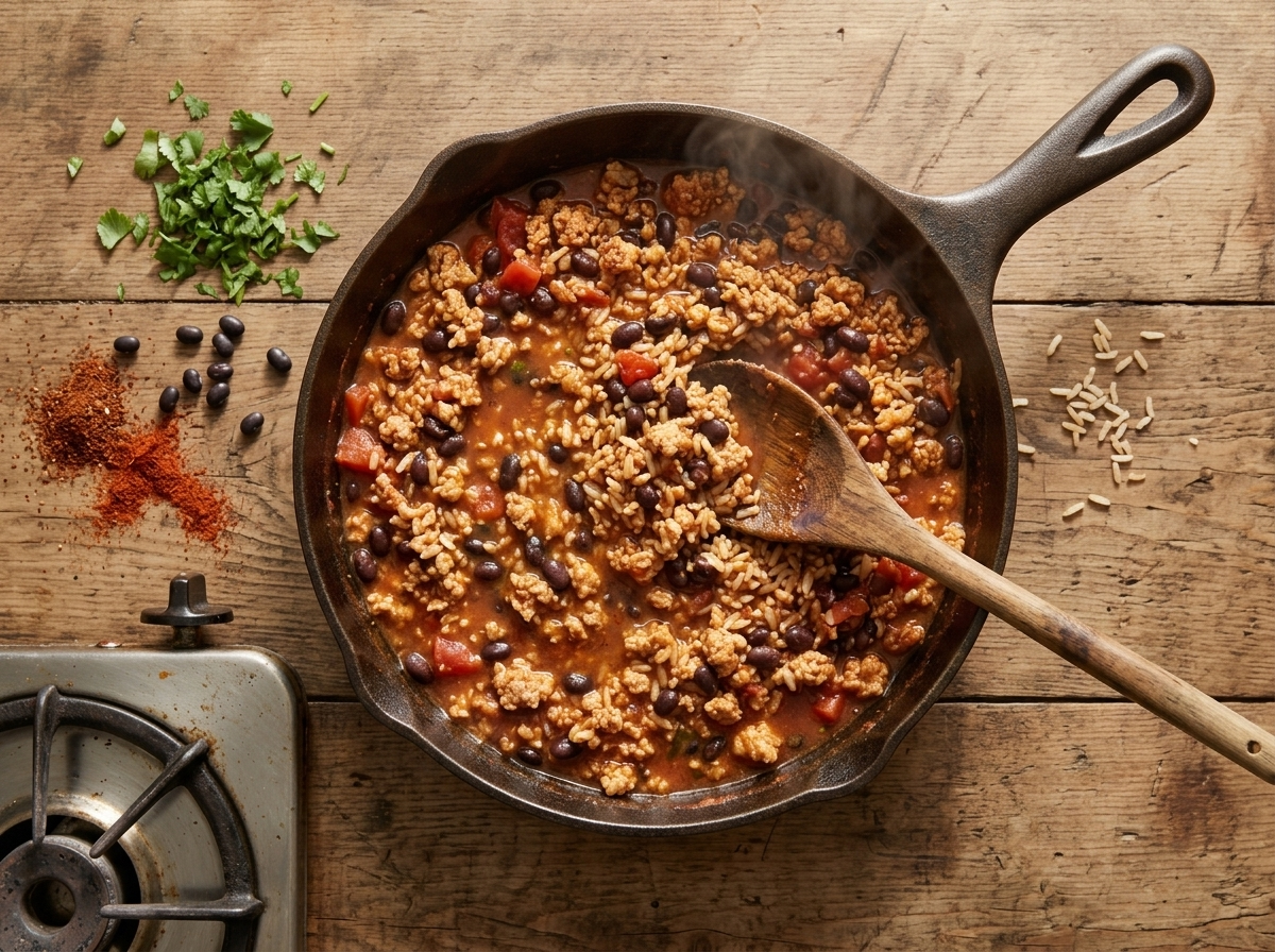 Ground turkey, rice, and black beans simmering together in a skillet with steam rising and a wooden spoon stirring the mixture