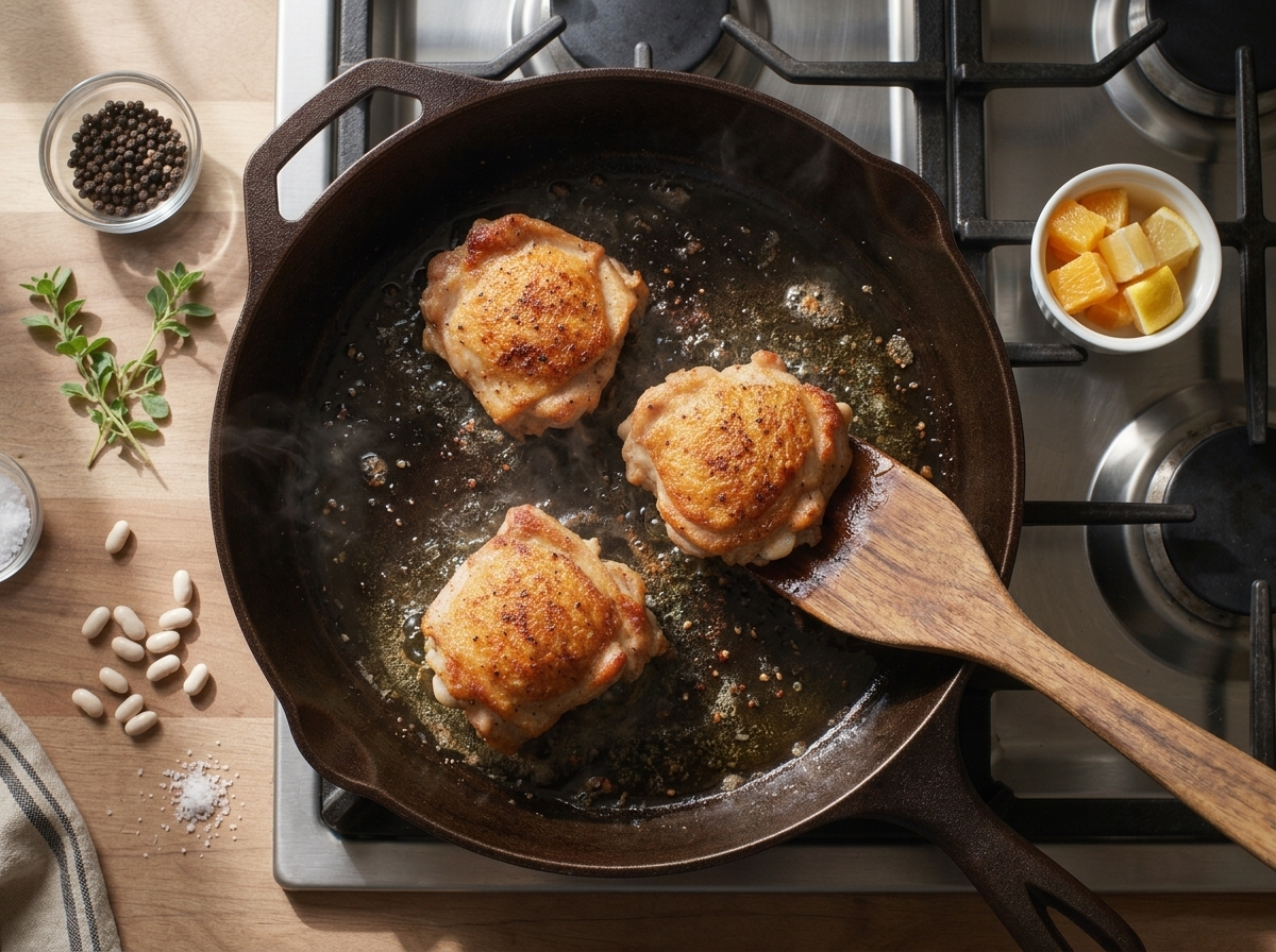 Chicken thighs sear skin-side down in a cast iron skillet, oil crackling around the deep golden, crisping skin.