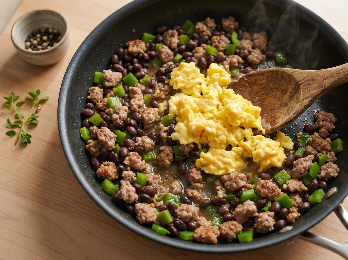 Turkey sausage, bell pepper and black beans simmering together in a nonstick skillet, wooden spoon stirring the filling