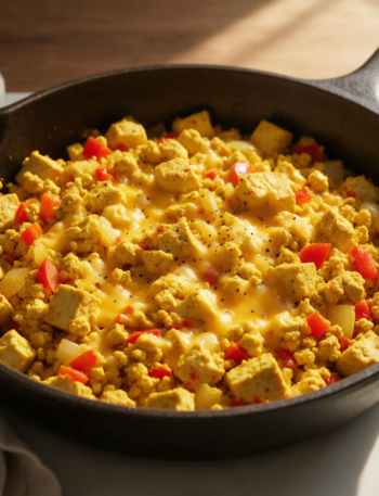 Overhead view of yellow turmeric tofu scramble with red bell pepper and melted cheddar in a cast iron skillet
