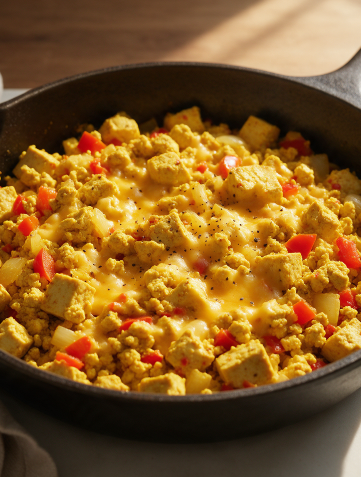 Overhead view of yellow turmeric tofu scramble with red bell pepper and melted cheddar in a cast iron skillet